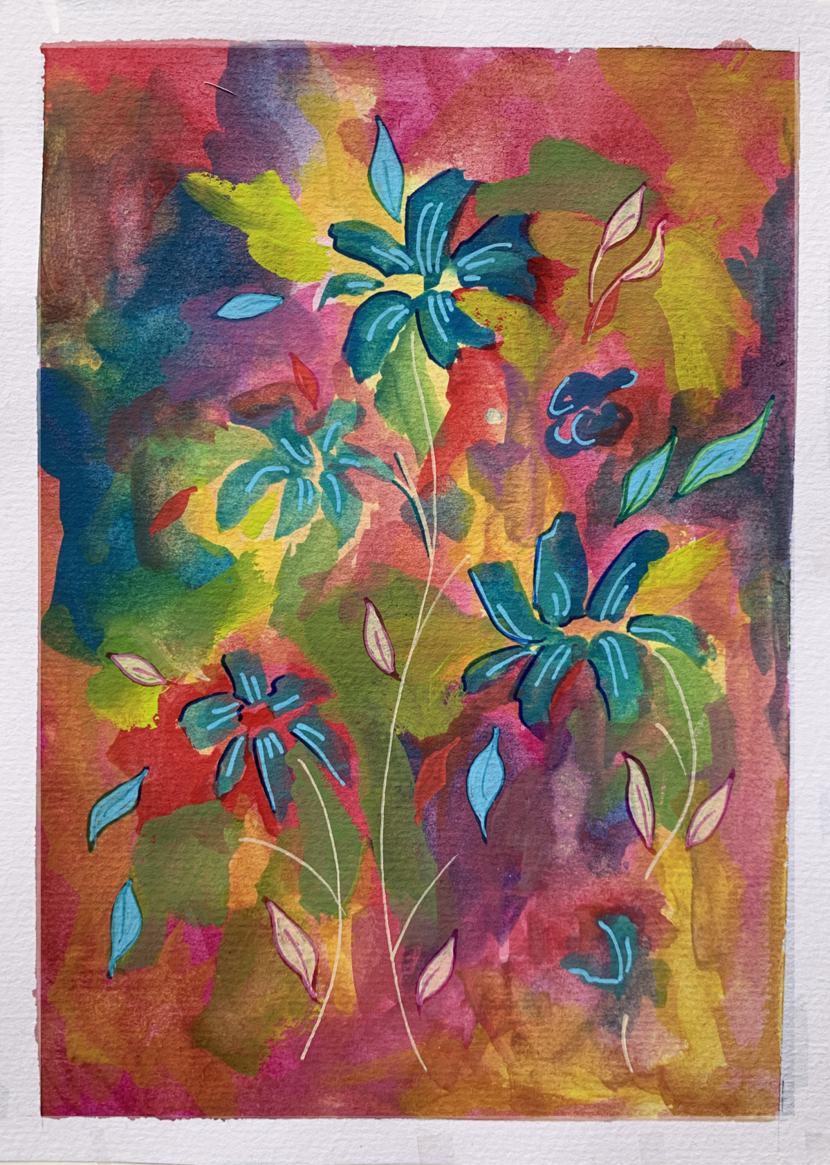 Art every day number 664 painting gouache art paper blue flowers tropical