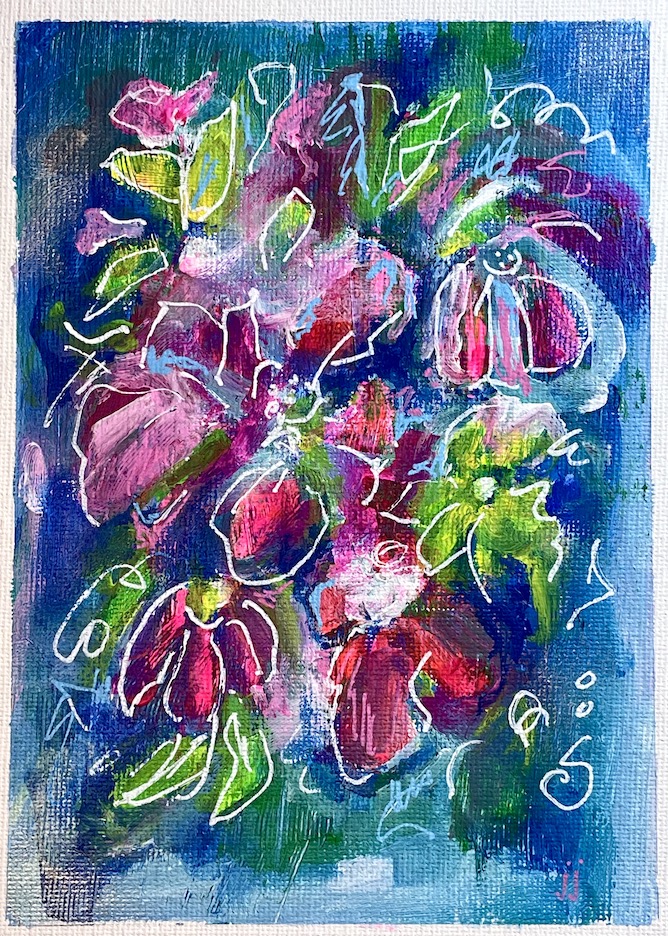 art every day number 826 painting deep blue & pink (night garden) janet bright